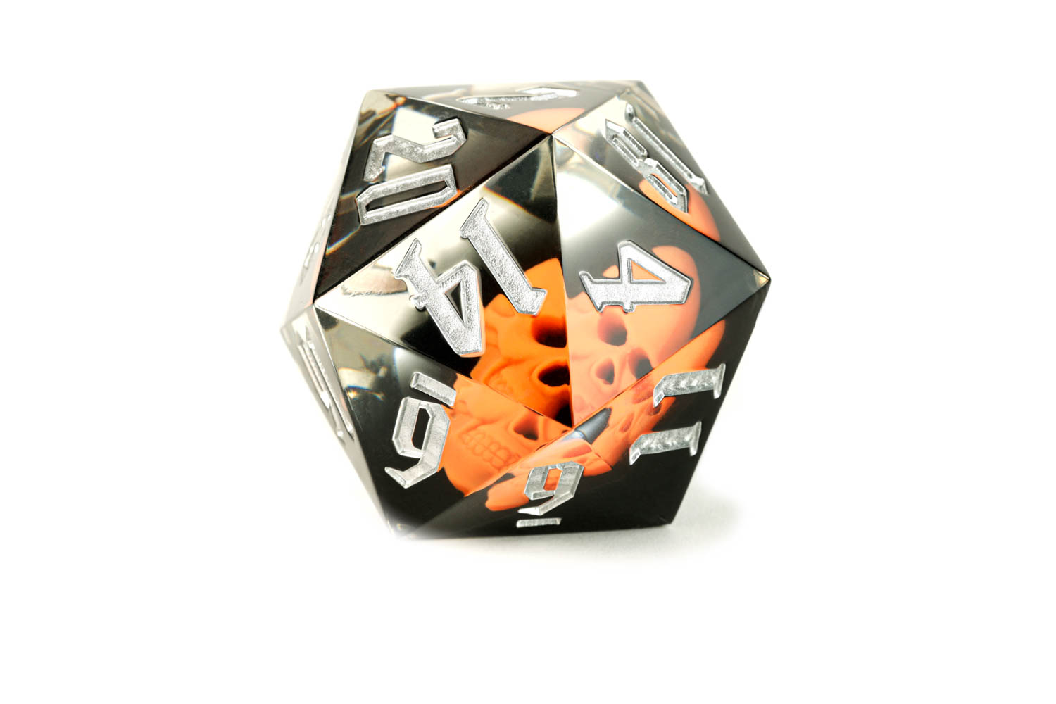 Hand Crafted 55mm Sharp Edge d20: Orange Skull | FanRoll