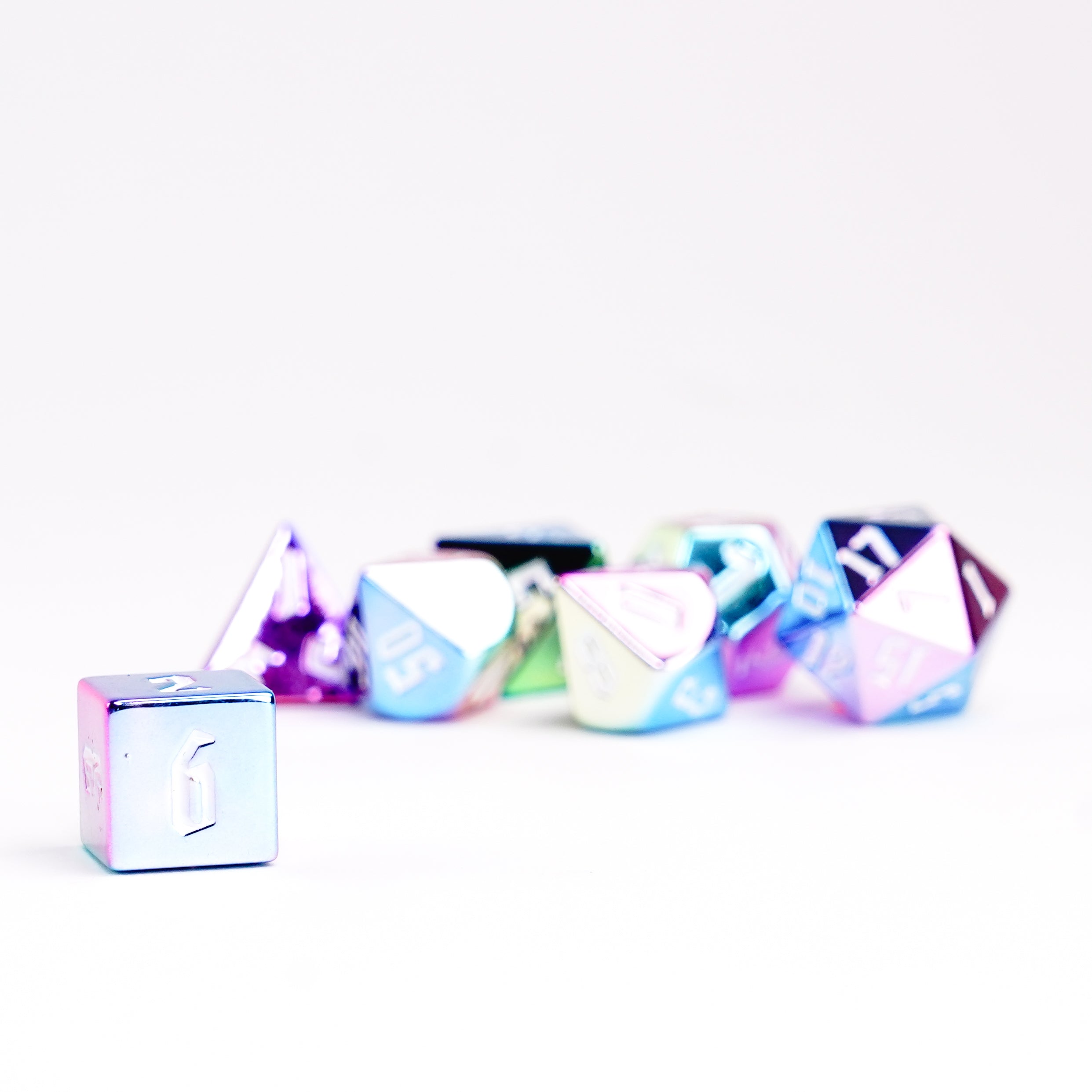 Rainbow Aegis w/ White Numbers 16mm Aluminum Plated Acrylic Poly Dice Set
