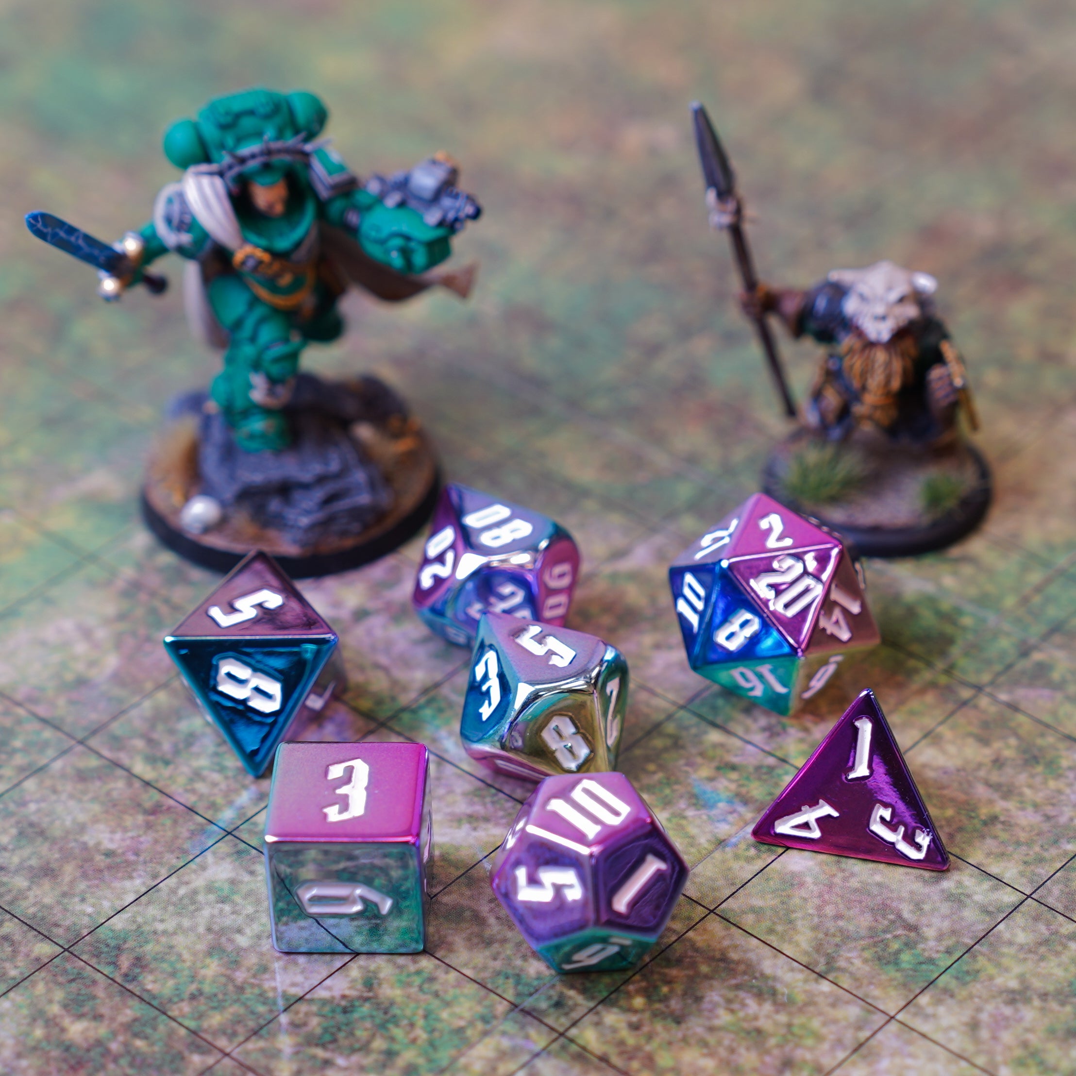 Rainbow Aegis w/ White Numbers 16mm Aluminum Plated Acrylic Poly Dice Set