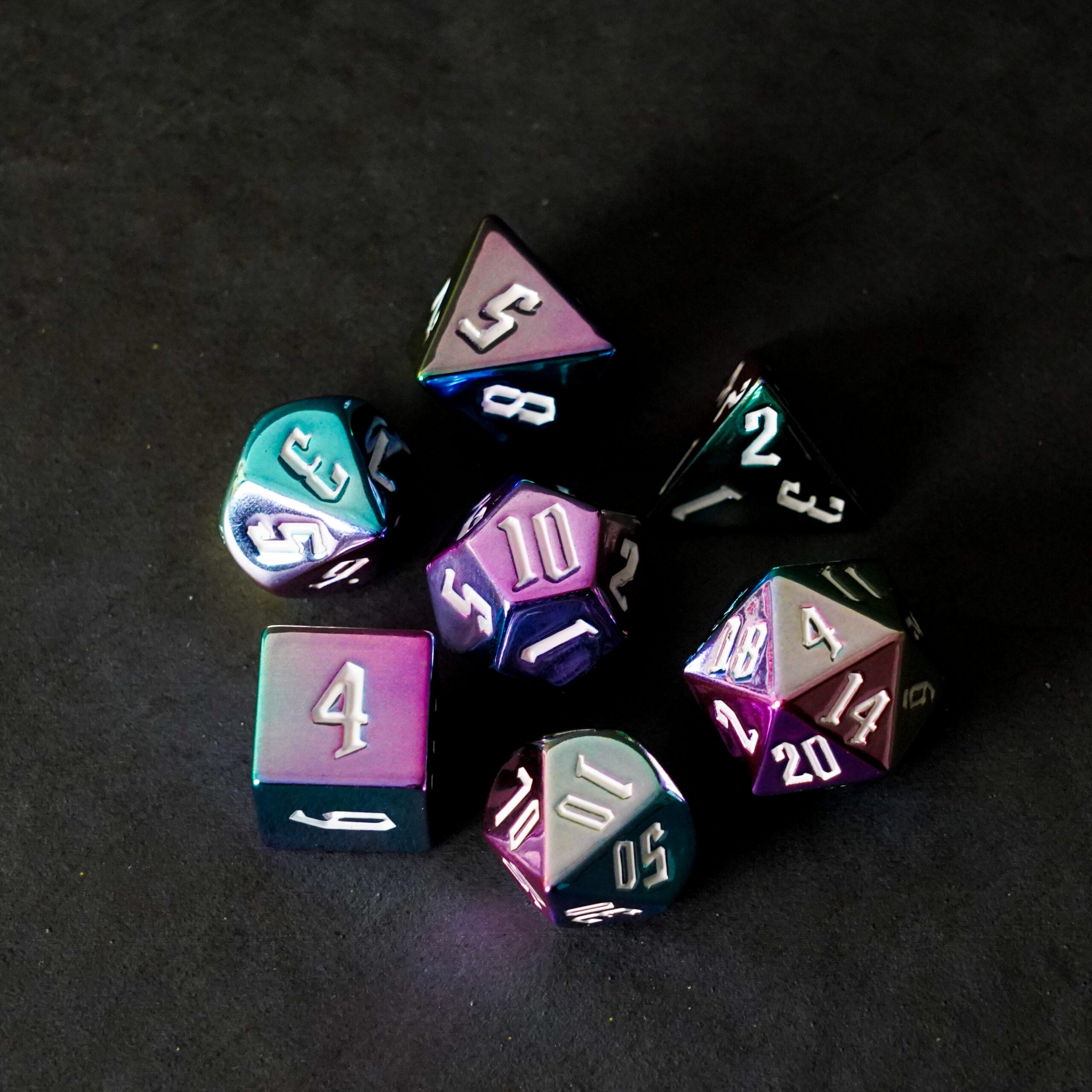 Rainbow Aegis w/ White Numbers 16mm Aluminum Plated Acrylic Poly Dice Set