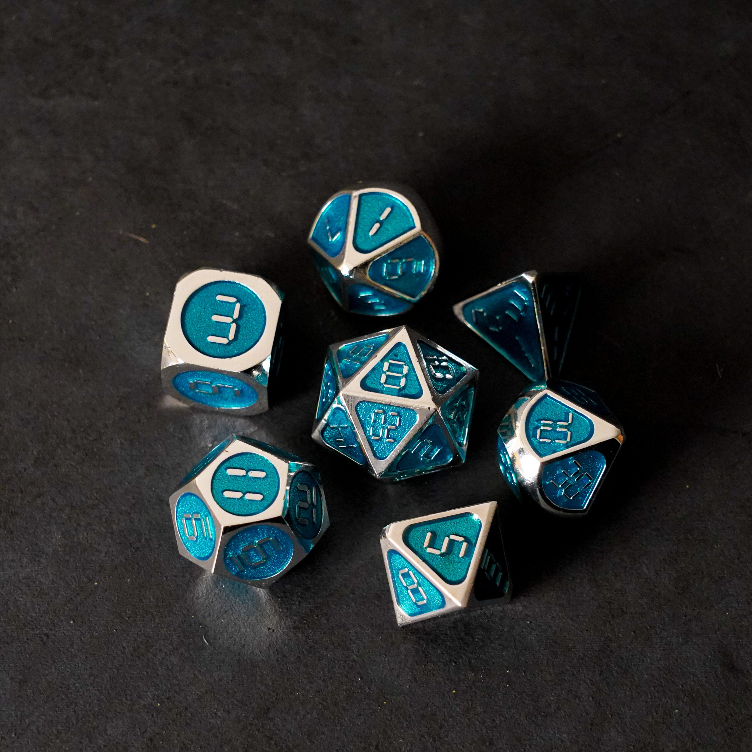 Silver with Teal Enamel Digital 16mm Polyhedral Dice Set