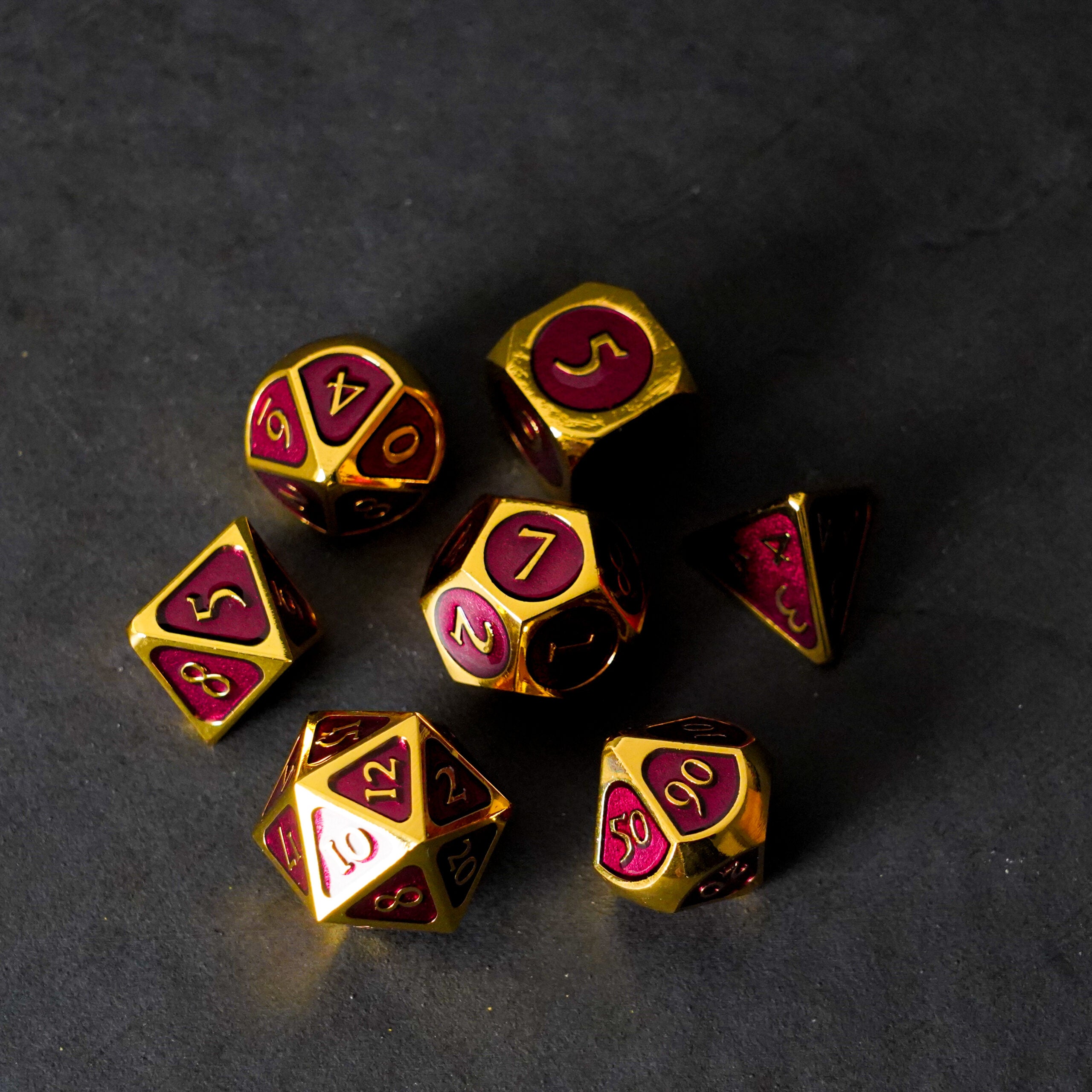 Gold with Purple Enamel 16mm Polyhedral Dice Set