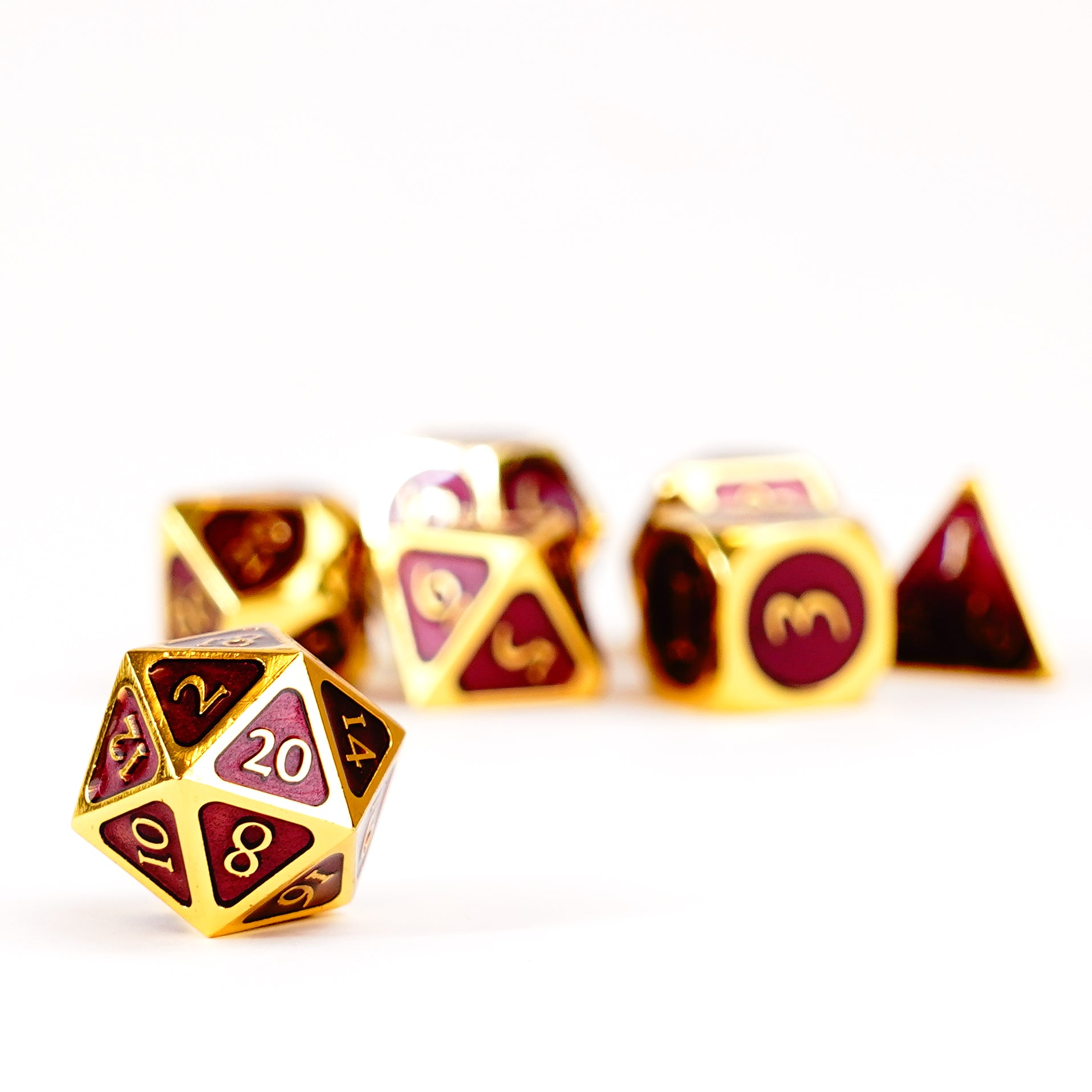 Gold with Purple Enamel 16mm Polyhedral Dice Set