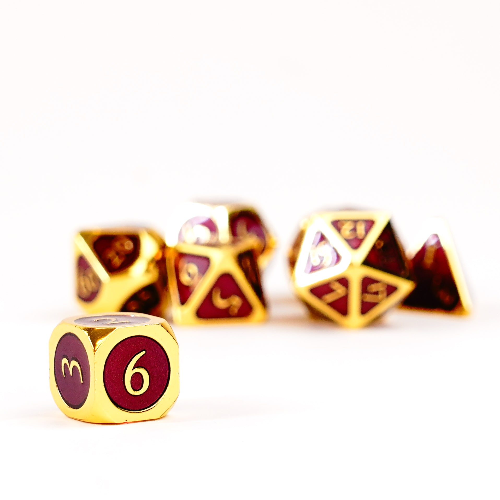 Gold with Purple Enamel 16mm Polyhedral Dice Set