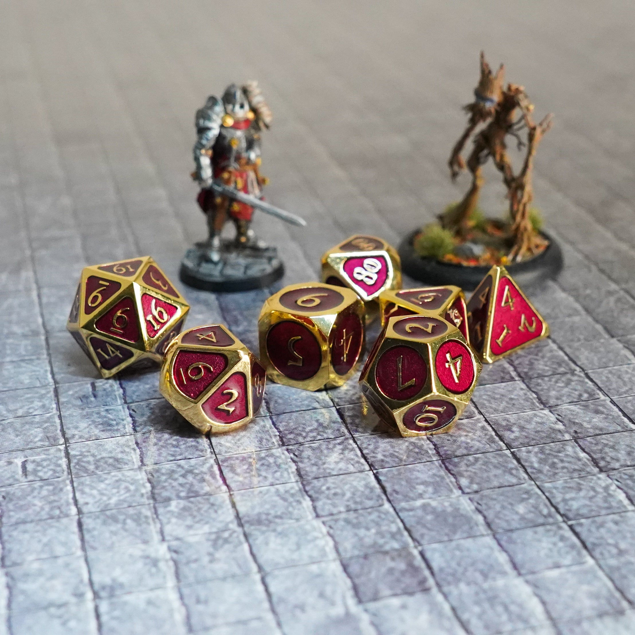 Gold with Purple Enamel 16mm Polyhedral Dice Set