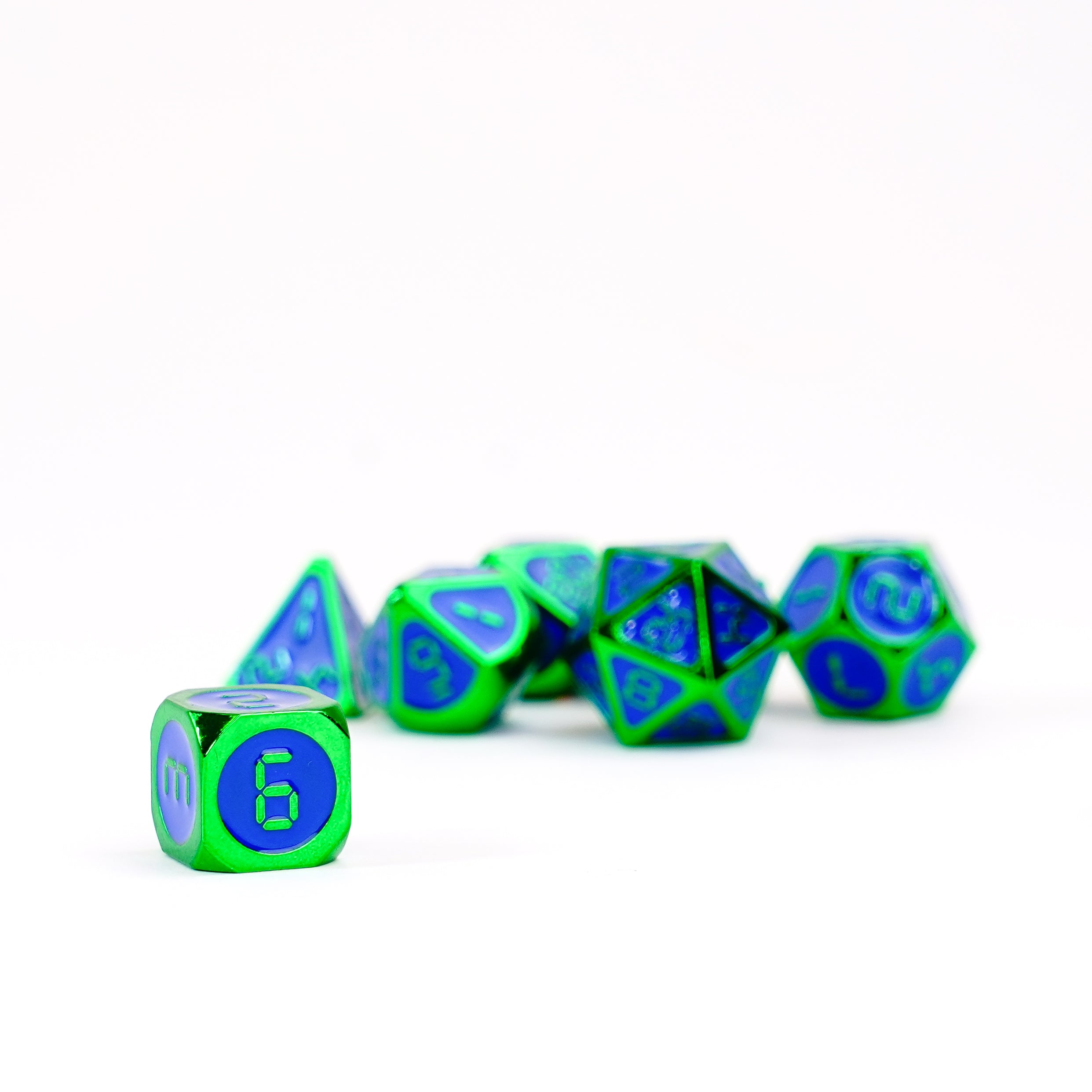 Green with Blue Enamel Digital 16mm Polyhedral Dice Set