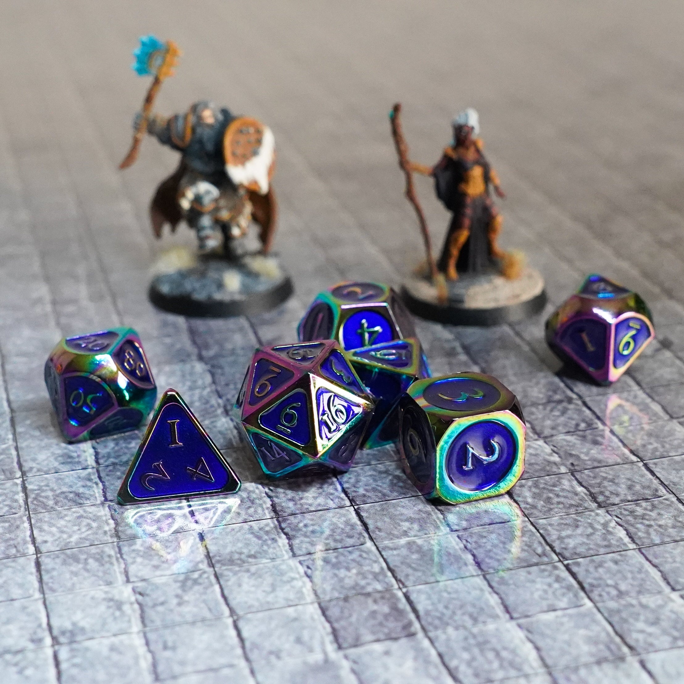 Rainbow with Blue Enamel 16mm Polyhedral Dice Set