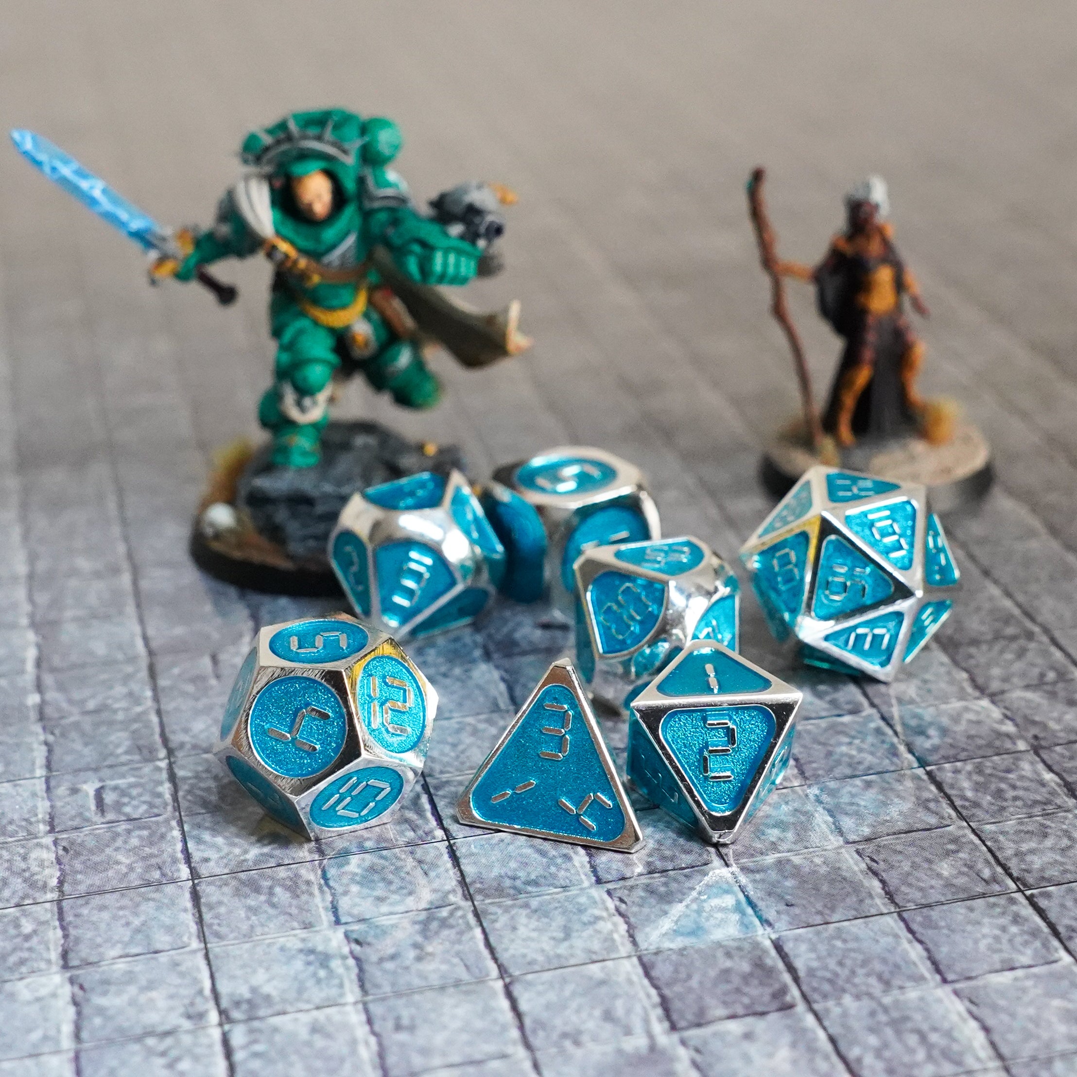 Silver with Teal Enamel Digital 16mm Polyhedral Dice Set