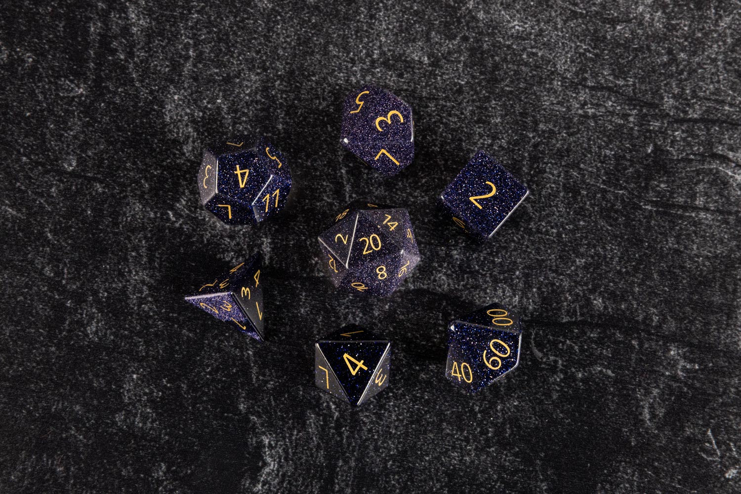16mm Stone Poly Dice Set: Engraved Blue Sandstone Gold