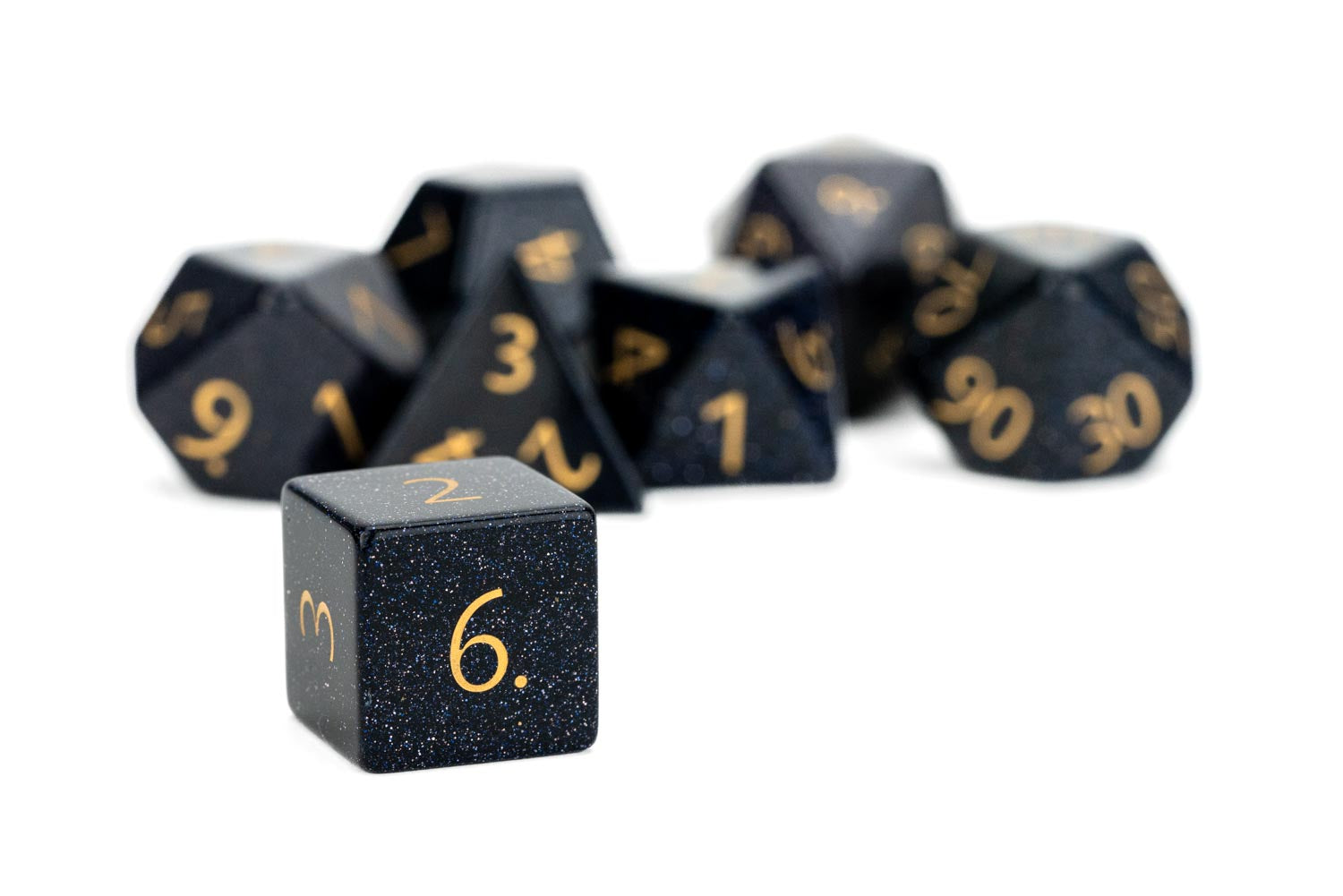 16mm Stone Poly Dice Set: Engraved Blue Sandstone Gold