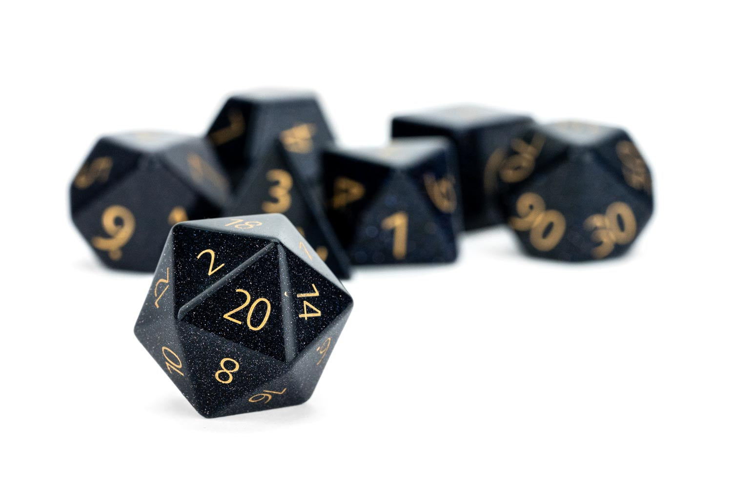 16mm Stone Poly Dice Set: Engraved Blue Sandstone Gold