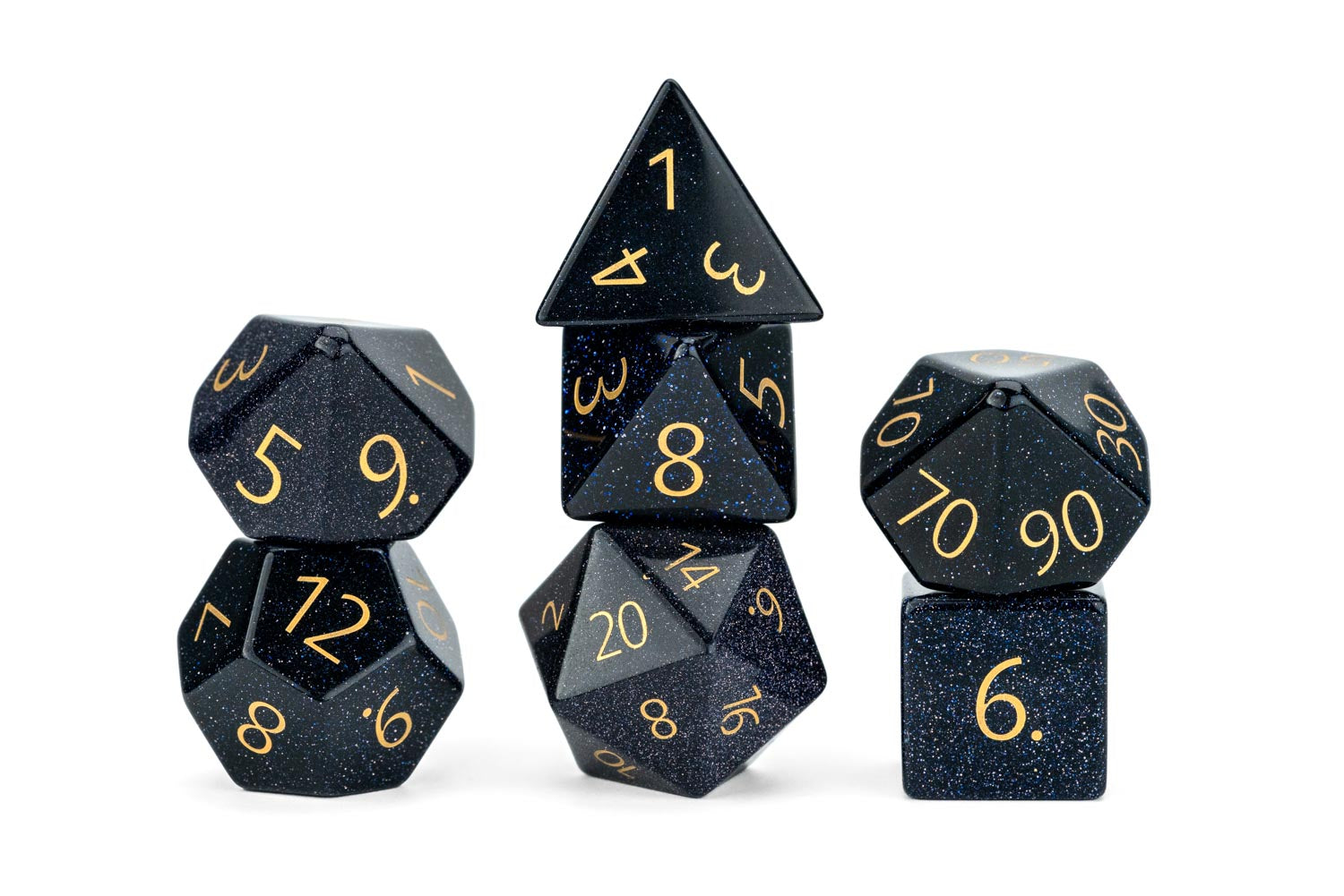16mm Stone Poly Dice Set: Engraved Blue Sandstone Gold