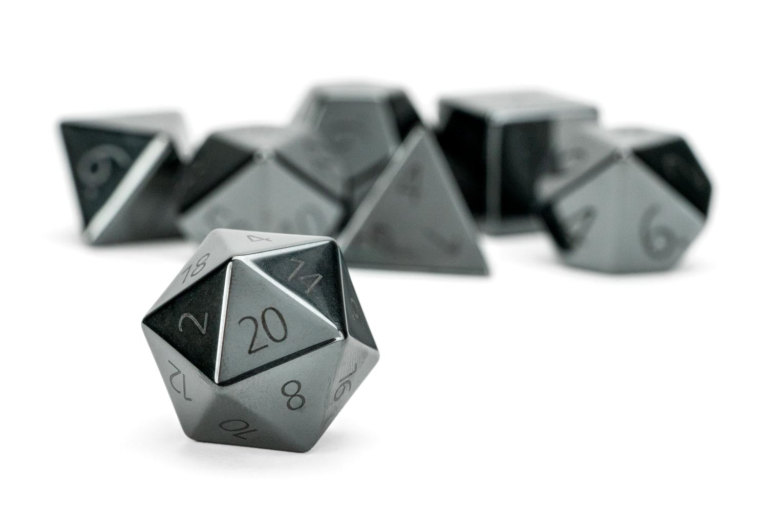 16mm Stone Poly Dice Set: Engraved Hematite