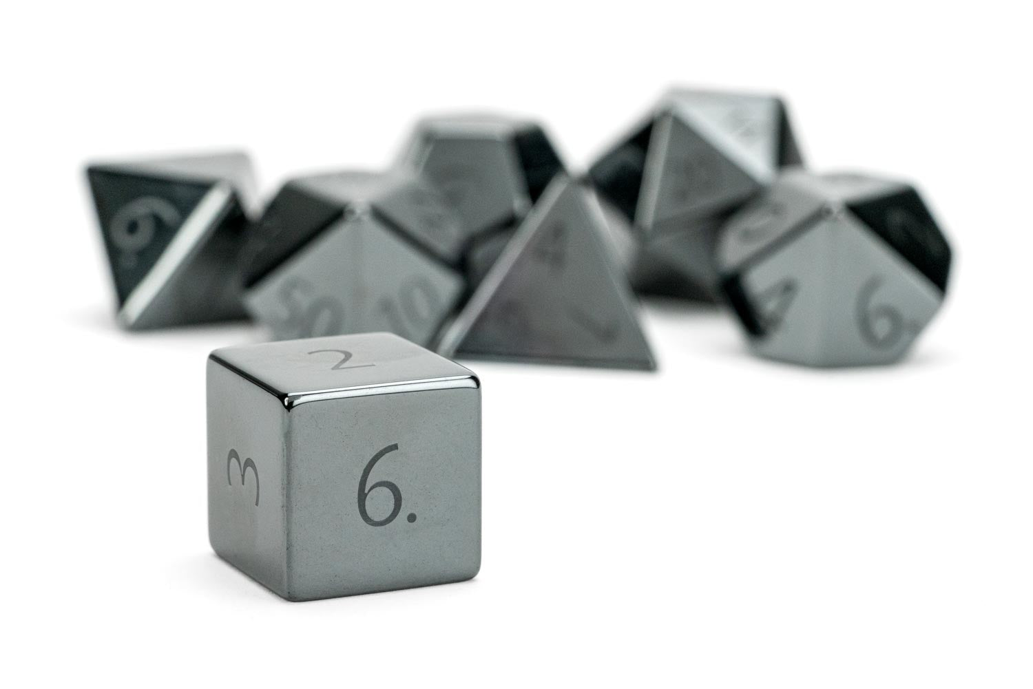 16mm Stone Poly Dice Set: Engraved Hematite