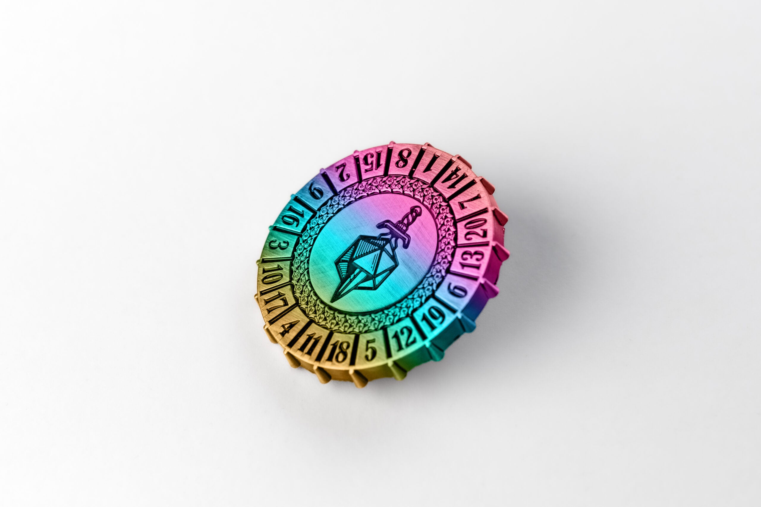 Metal d20 Spinner: Torched Rainbow