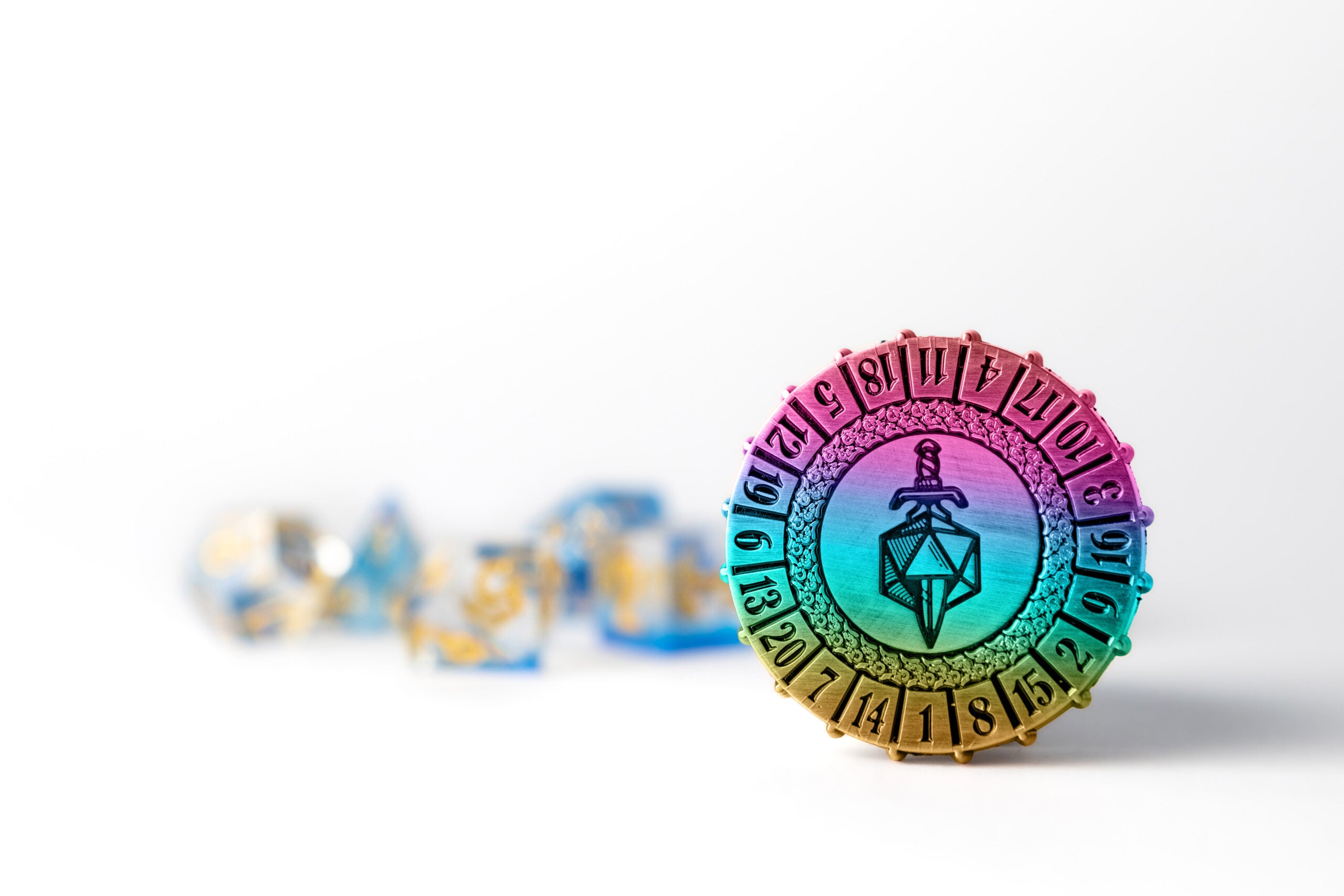 Metal d20 Spinner: Torched Rainbow