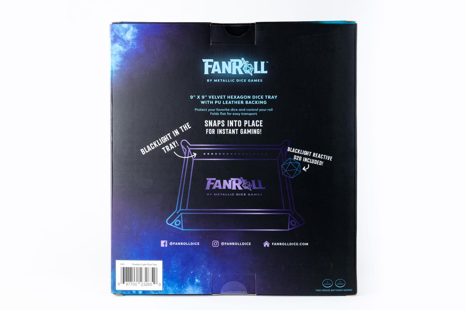 Blacklight Dice Tray with d20: Black