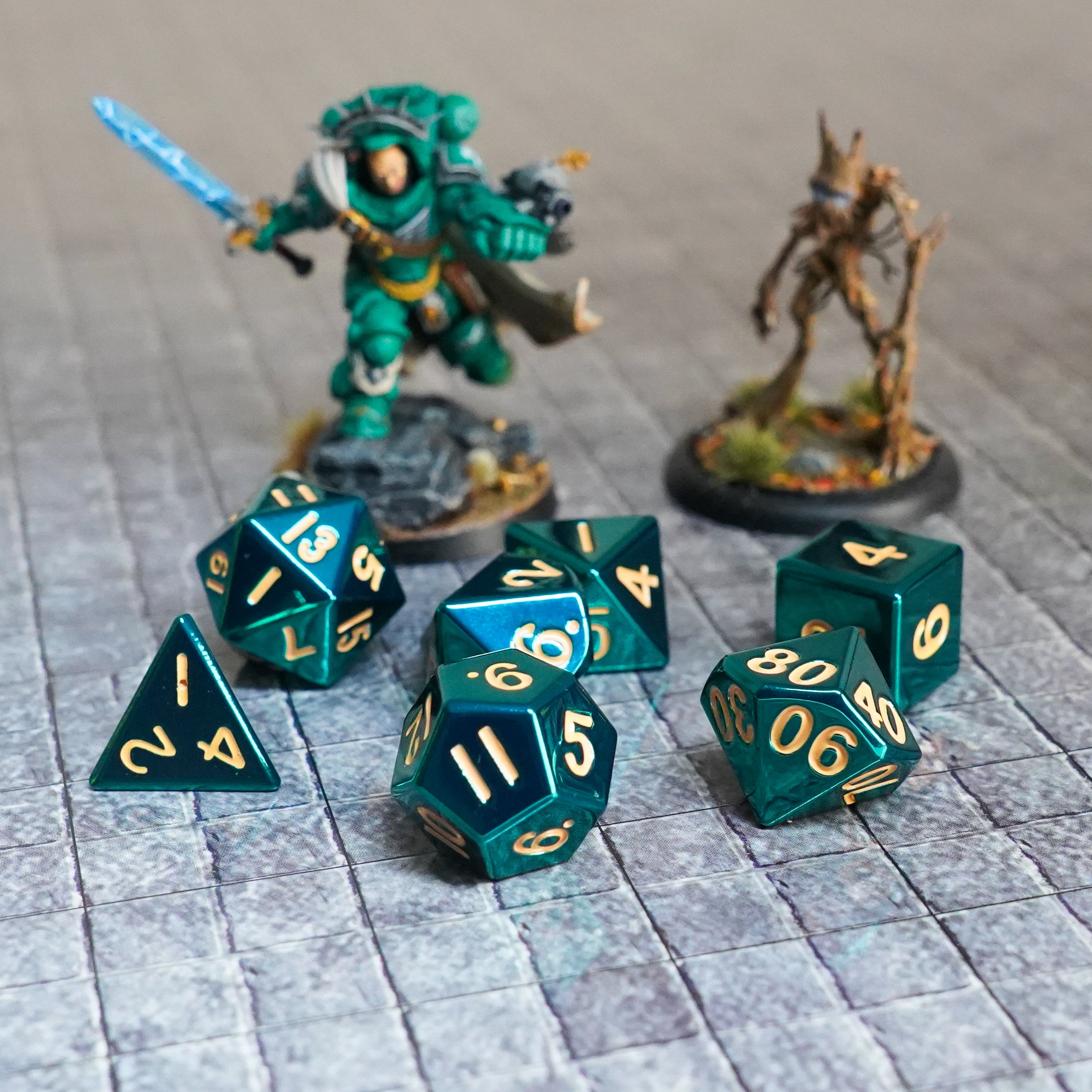 Turquoise with Gold Numbers 16mm Polyhedral Dice Set