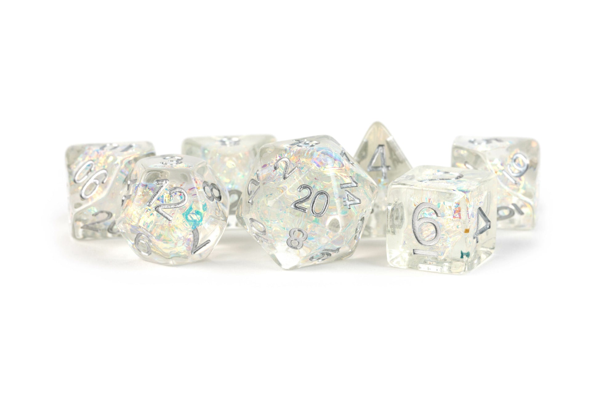 Rainbow Frost dice set with mylar and silver numbers