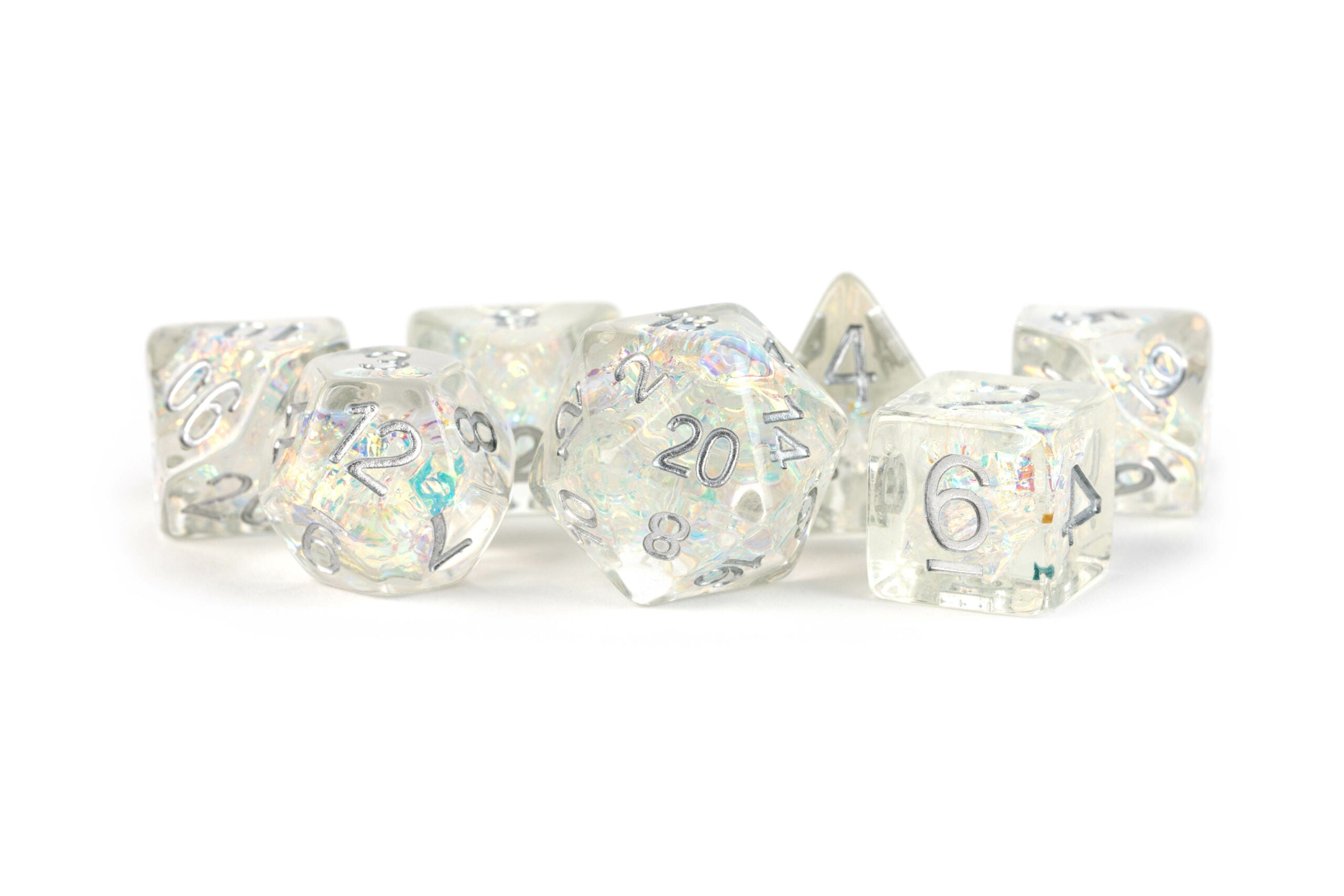 Rainbow Frost dice set with mylar and silver numbers