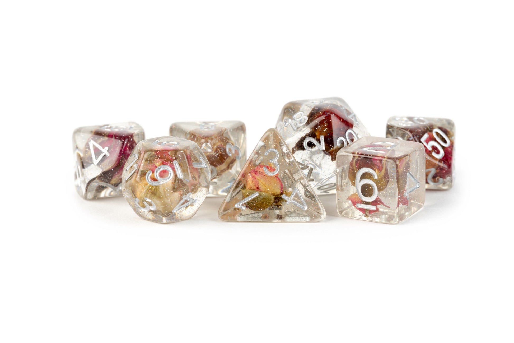 Clear dice set with roses and silver numbers