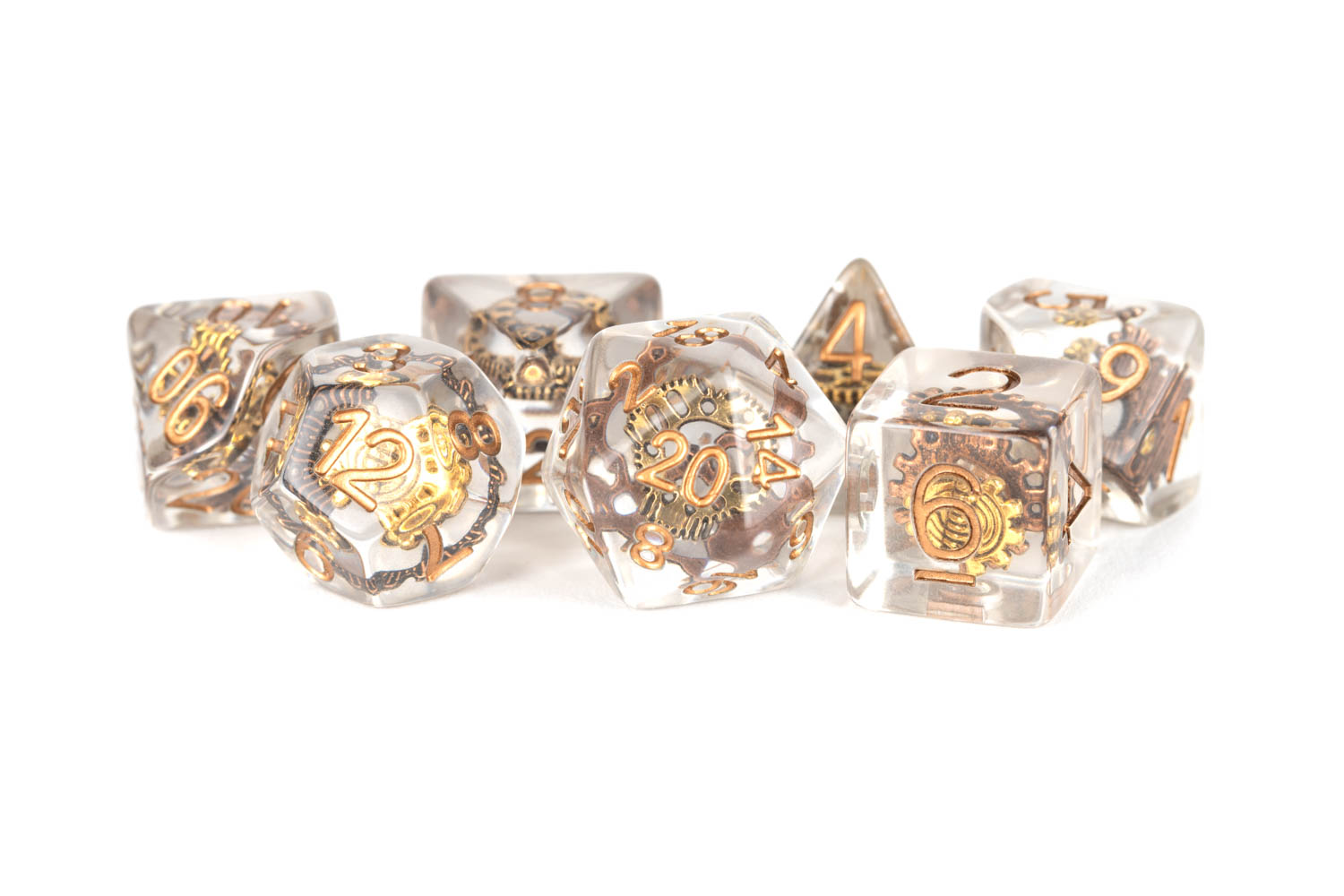 gold gears in clear 16mm Resin Poly Dice Set