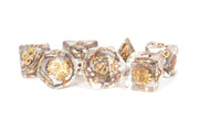 gold gears in clear 16mm Resin Poly Dice Set