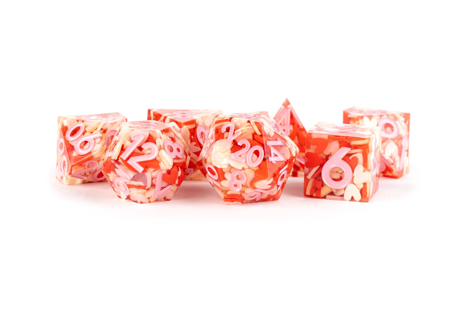 Hand Crafted Sharp Edge Dice set with Heart sprinkles and pink numbers