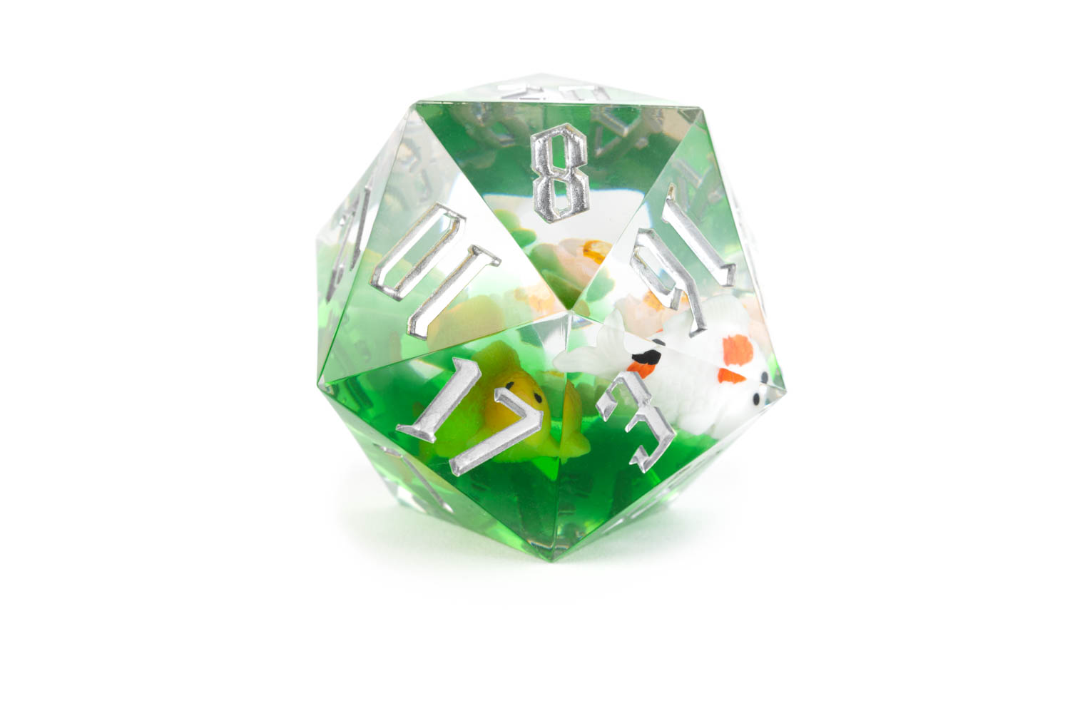 Hand Crafted 55mm Sharp Edge d20 made to look like Koi fish in a pond with silver numbers
