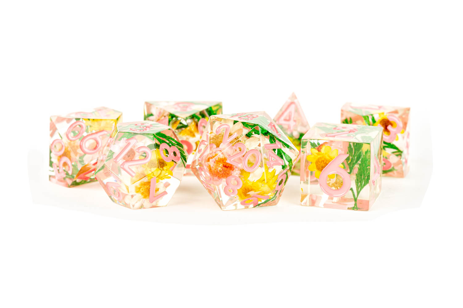 Hand Crafted Sharp Edge Dice set with Chrysanthemum and Pink Numbers