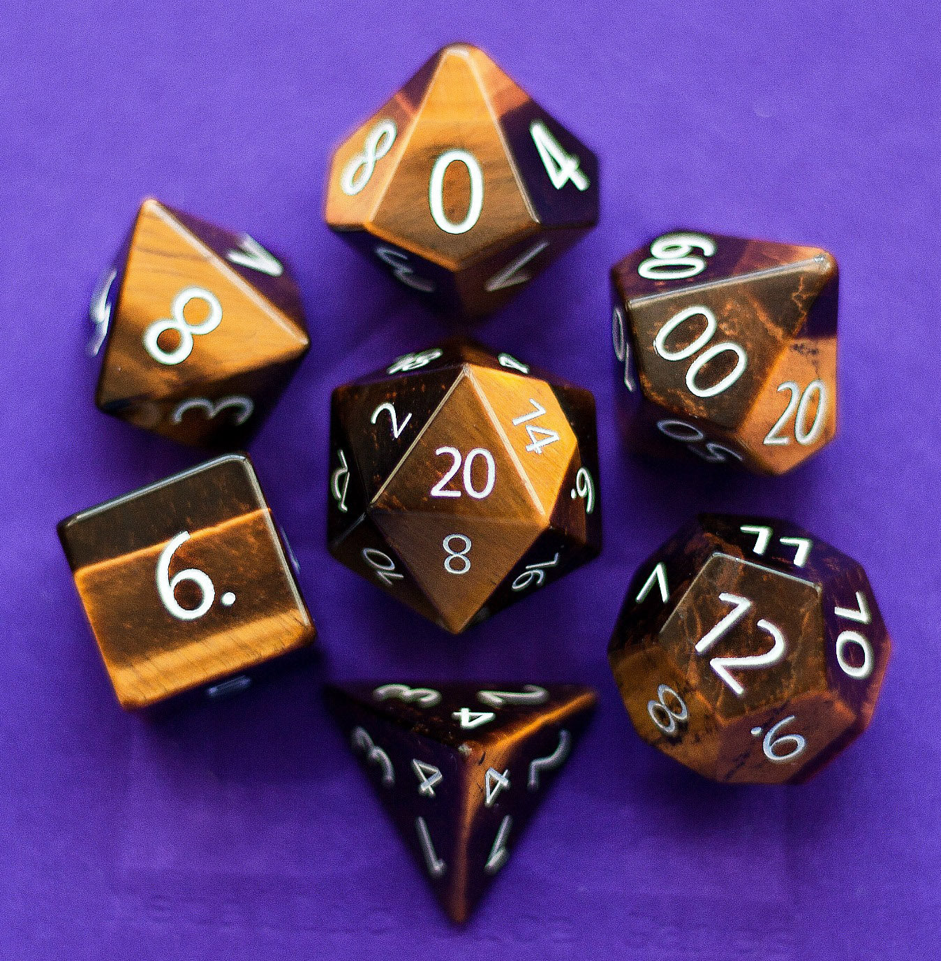 Engraved Tigers Eye dice set
