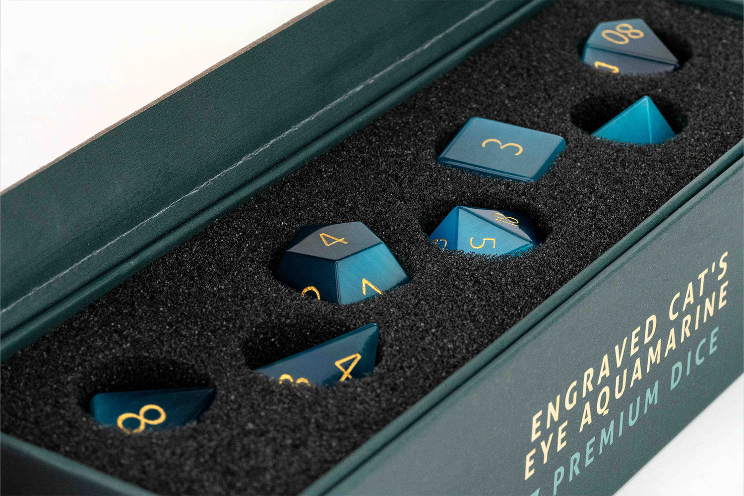 Mystic Mines 16mm Stone Poly Dice Set: Engraved Cat's Eye Aquamarine