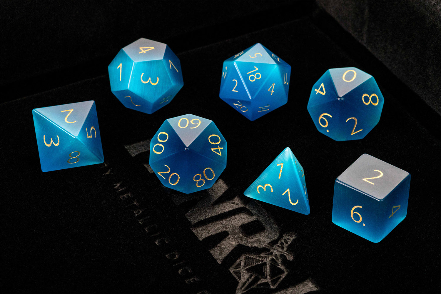 Mystic Mines 16mm Stone Poly Dice Set: Engraved Cat's Eye Aquamarine