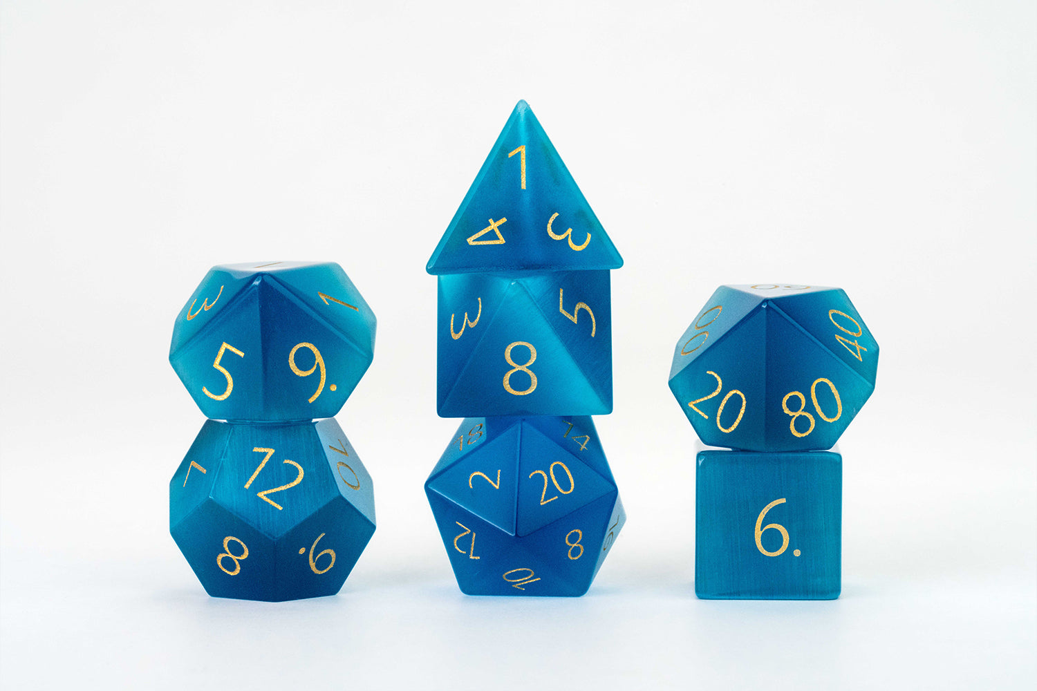 Mystic Mines 16mm Stone Poly Dice Set: Engraved Cat's Eye Aquamarine