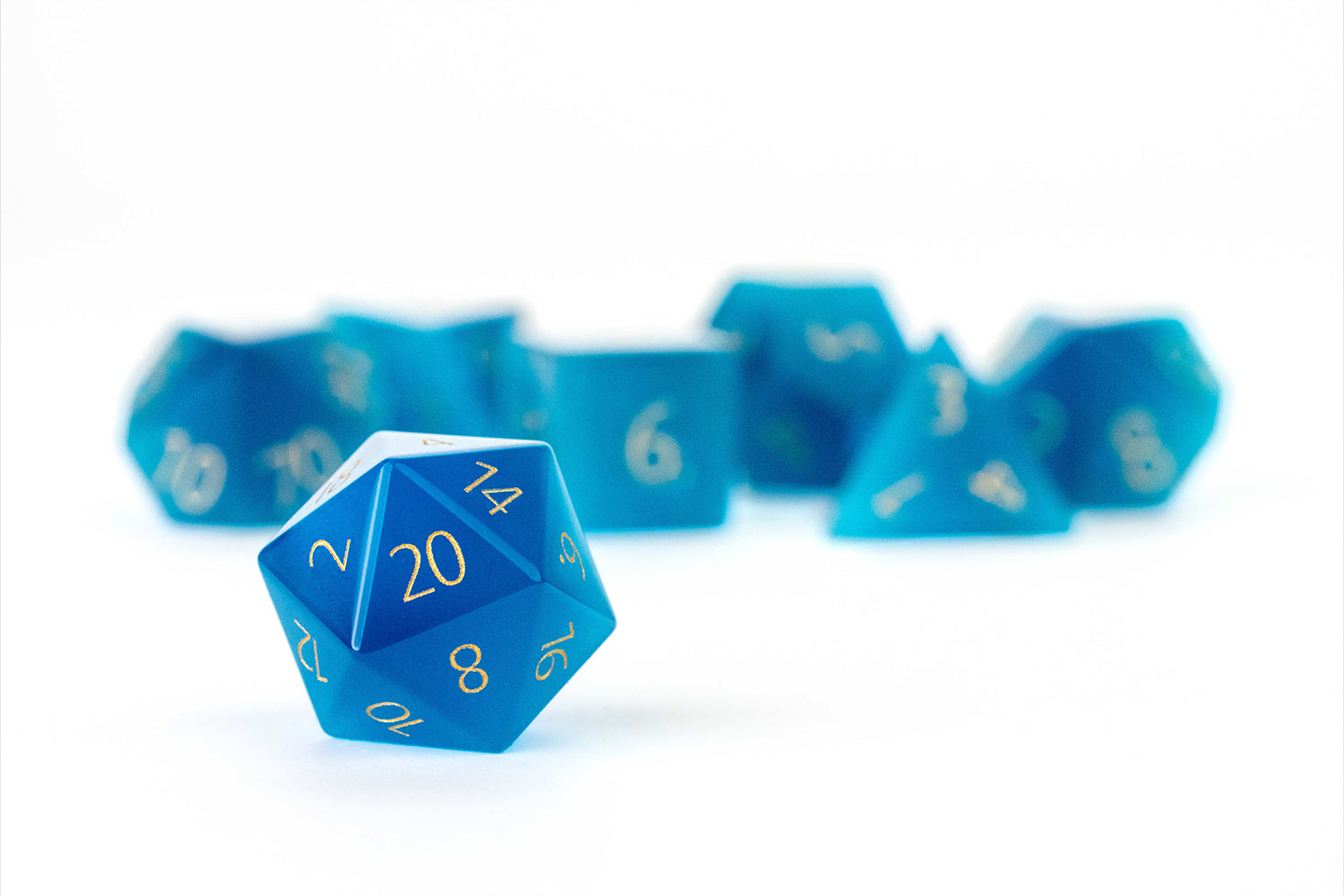 Mystic Mines 16mm Stone Poly Dice Set: Engraved Cat's Eye Aquamarine